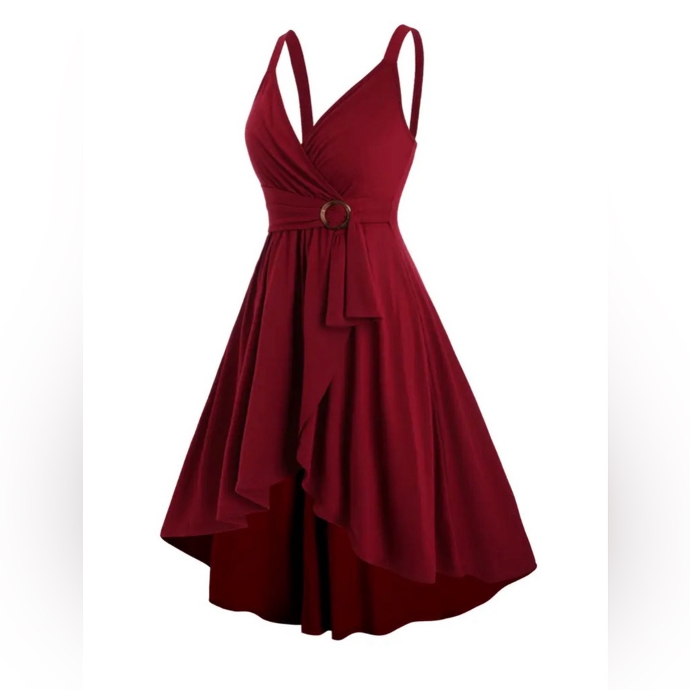 Sleeveless V-Neck High-Low Wrap Dress in Wine Red